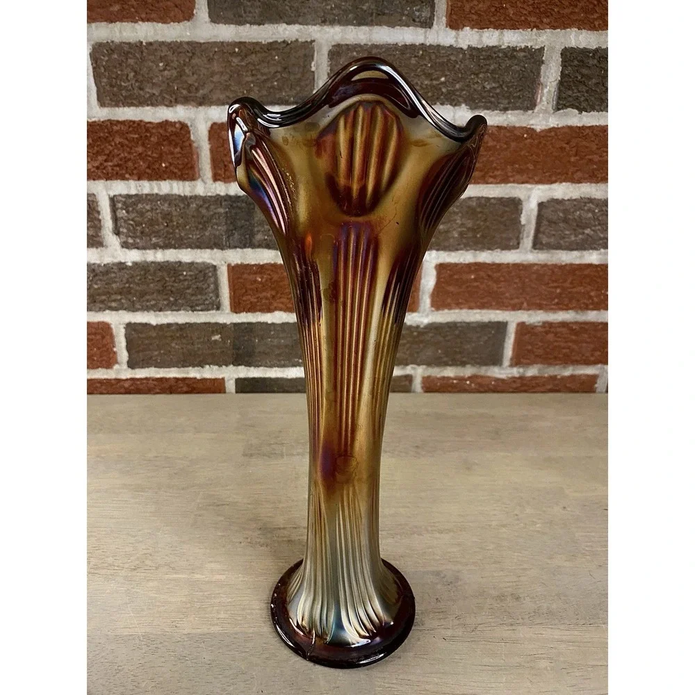 Fenton Carnival Glass Diamond And Rib‎ Pattern Vase Vintage 11.5